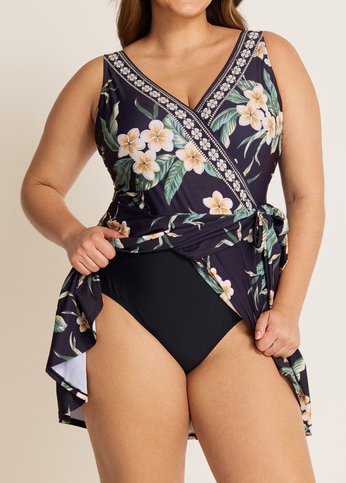 Black Floral Wrap Side Tie Plus Size Swim Skirts For Women One Piece Swimdress