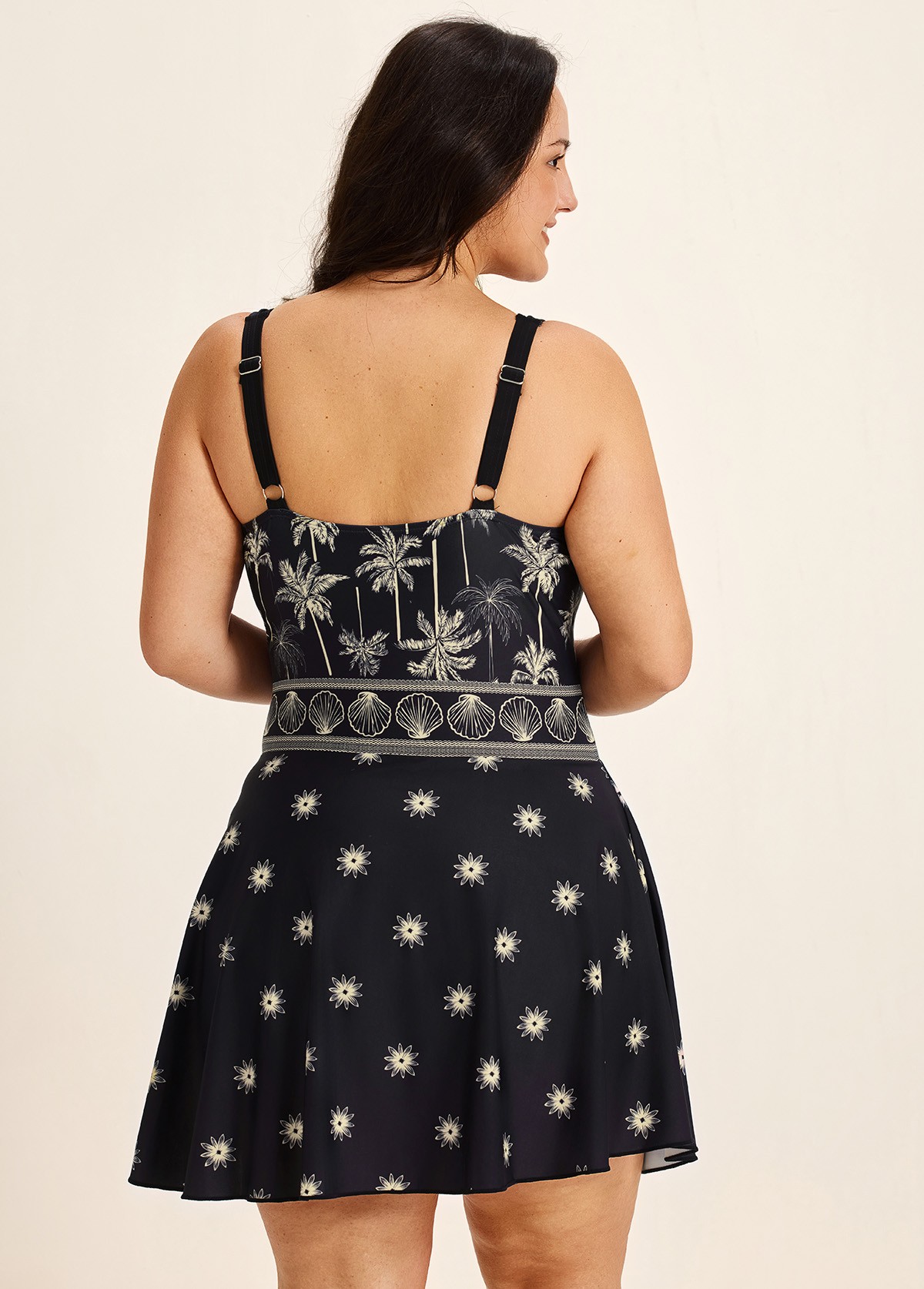 Plus Size Black Palm Tree Print Square Neck Vintage Side Knot Swimsuit One Piece Swimdress