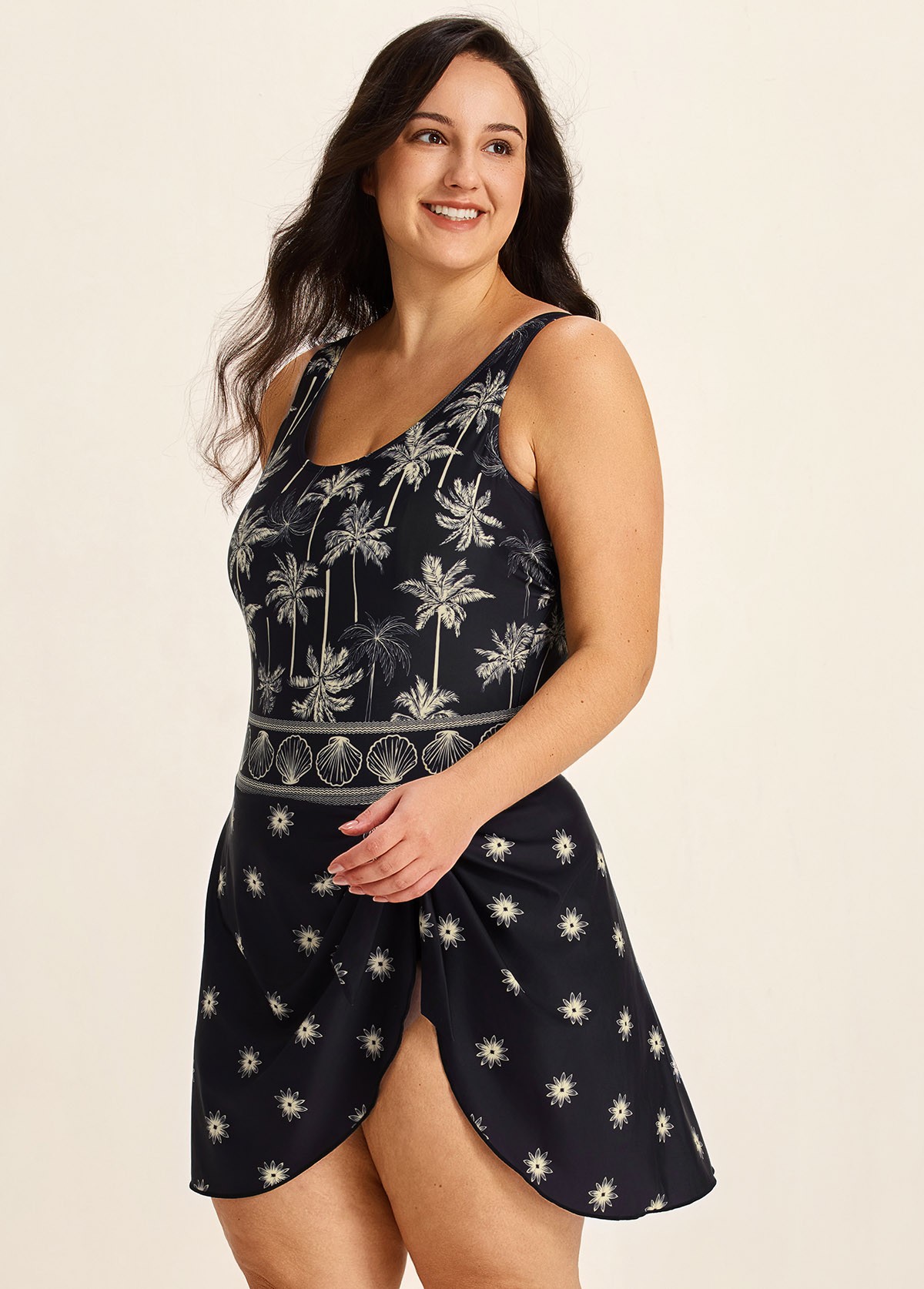 Plus Size Black Palm Tree Print Square Neck Vintage Side Knot Swimsuit One Piece Swimdress