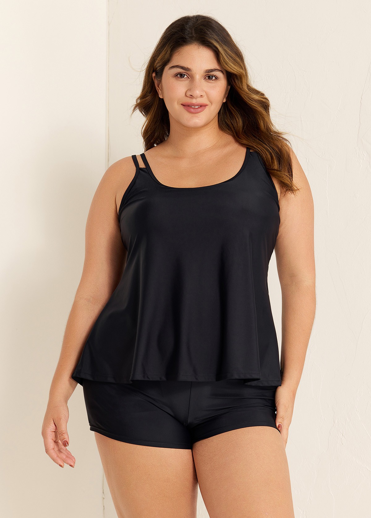 Solid Black Double Straps Adjustable Tankini Top
