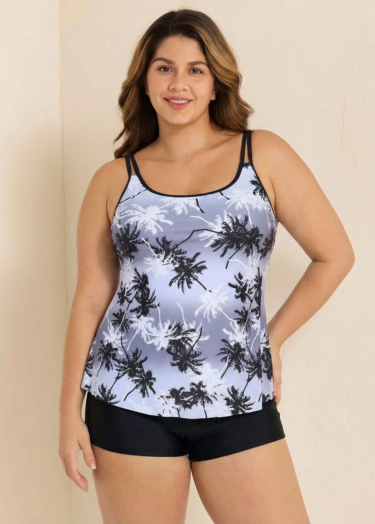 Plus Size Black And White Plants Print Double Straps Modest Tankini Top