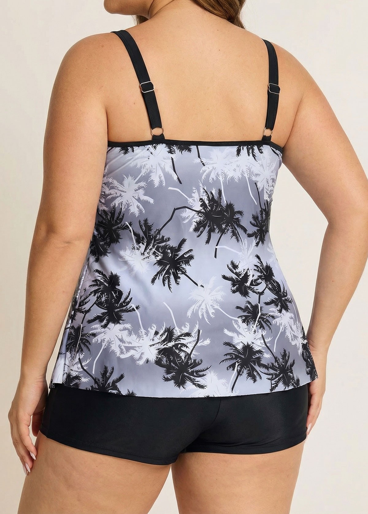 Plus Size Black And White Plants Print Double Straps Modest Tankini Top