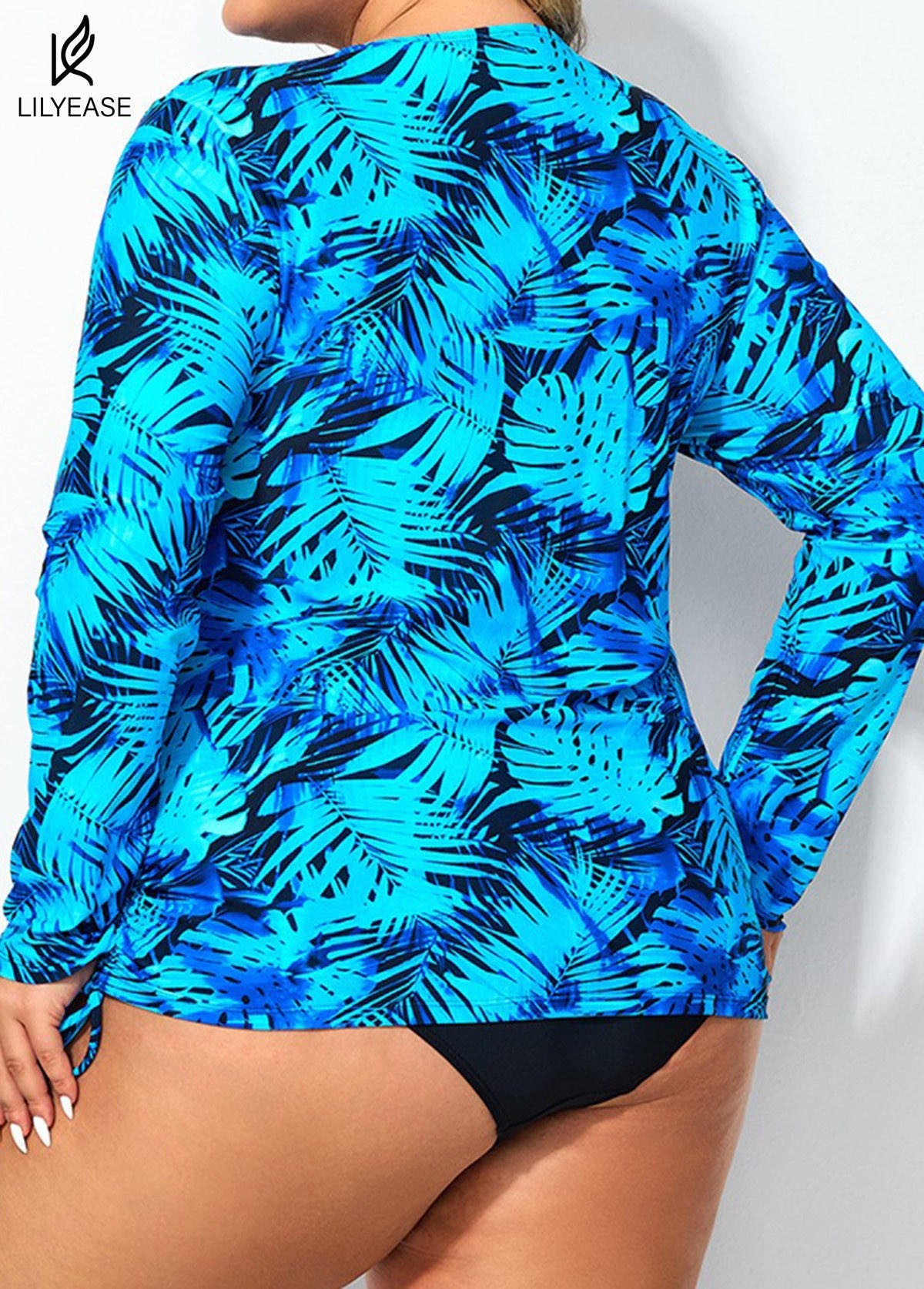 Plus Size Side Tie Adjustable Long Sleeve Rash Guard Tankini Top