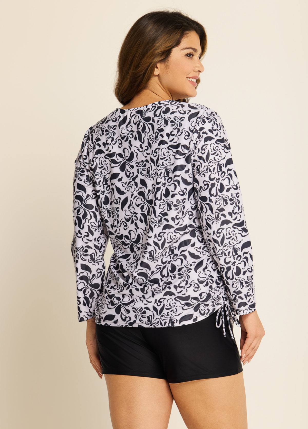 White Round Neck Long Sleeve Floral Printed Side Tie Plus Size Tankini Top