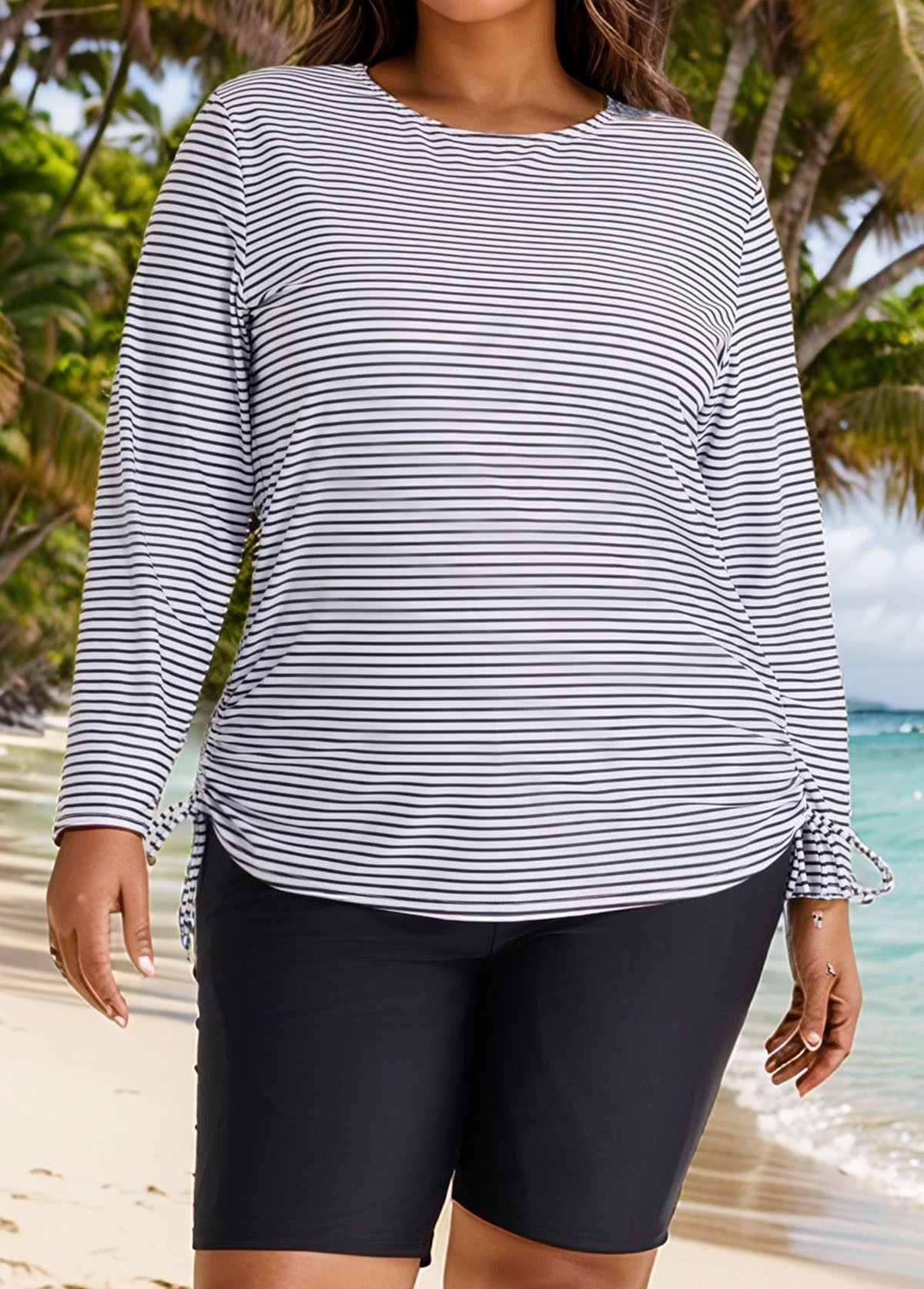 Plus Size Black Stripe Long Sleeve Drawstring Women's Swimsuit Tankini Top