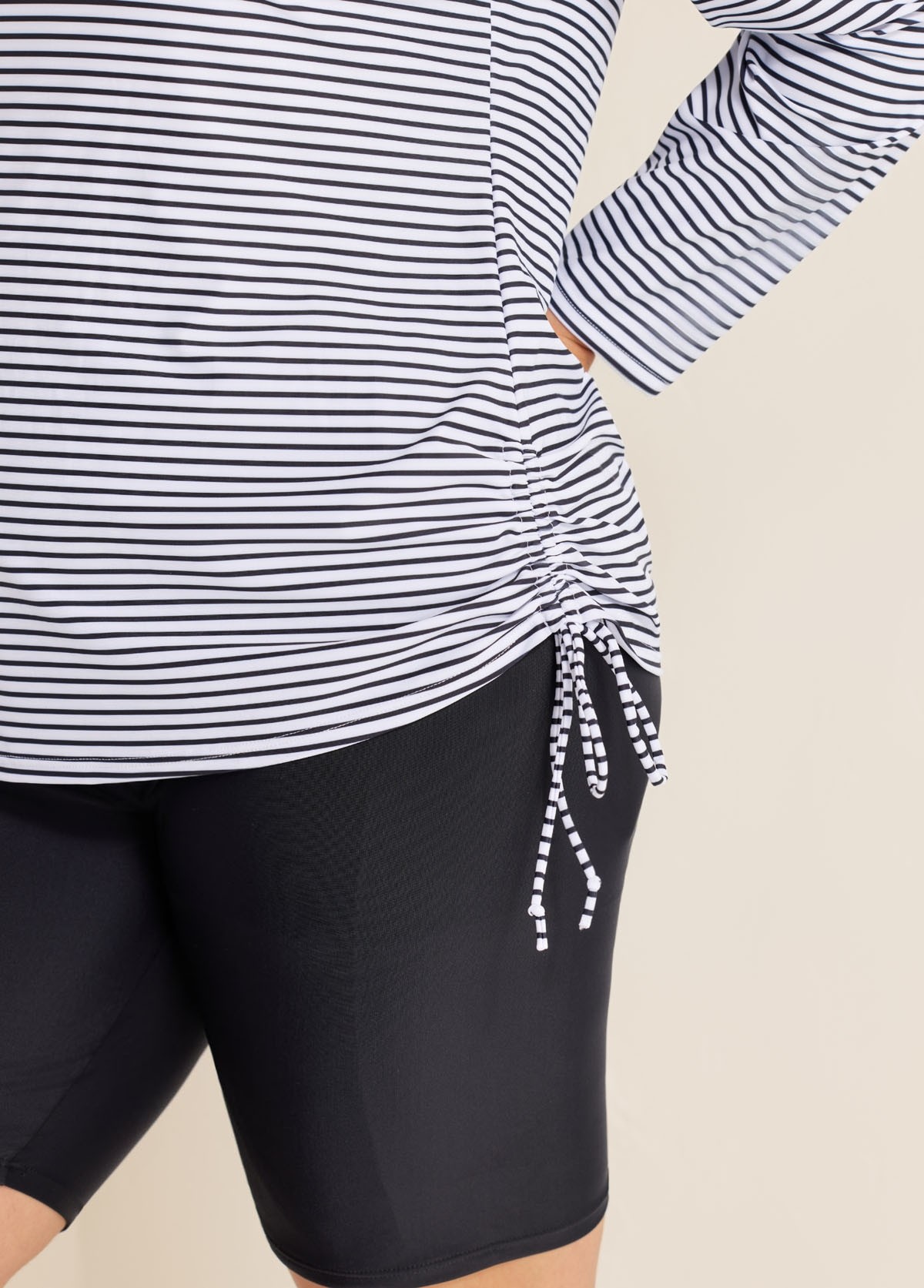 Plus Size Black Stripe Long Sleeve Drawstring Women's Swimsuit Tankini Top