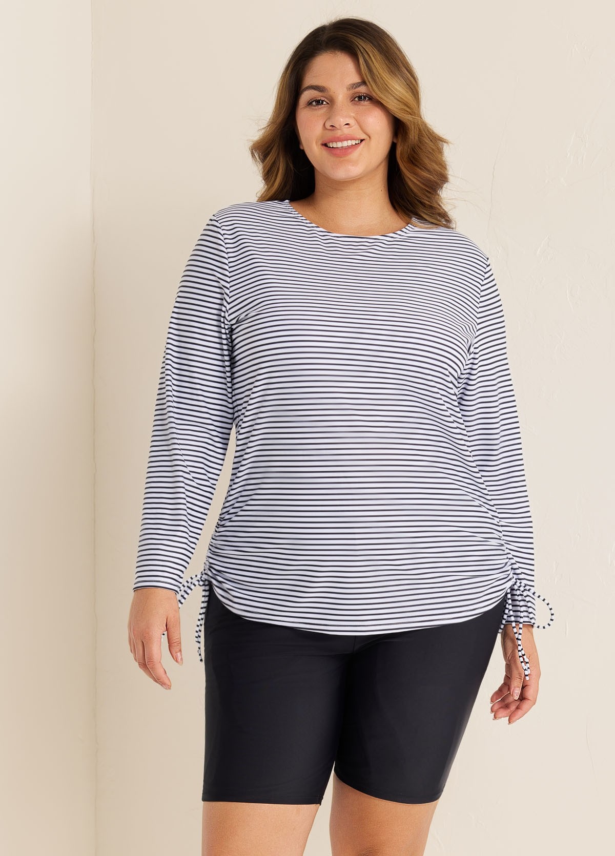 Plus Size Black Stripe Long Sleeve Drawstring Women's Swimsuit Tankini Top