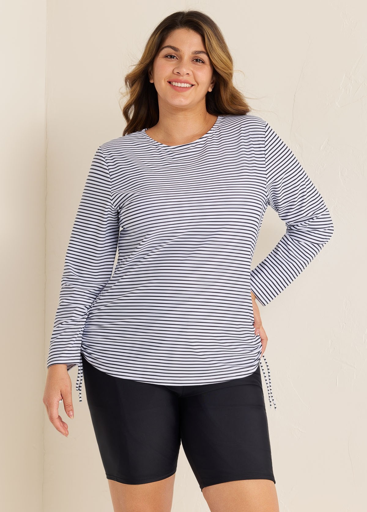 Plus Size Black Stripe Long Sleeve Drawstring Women's Swimsuit Tankini Top