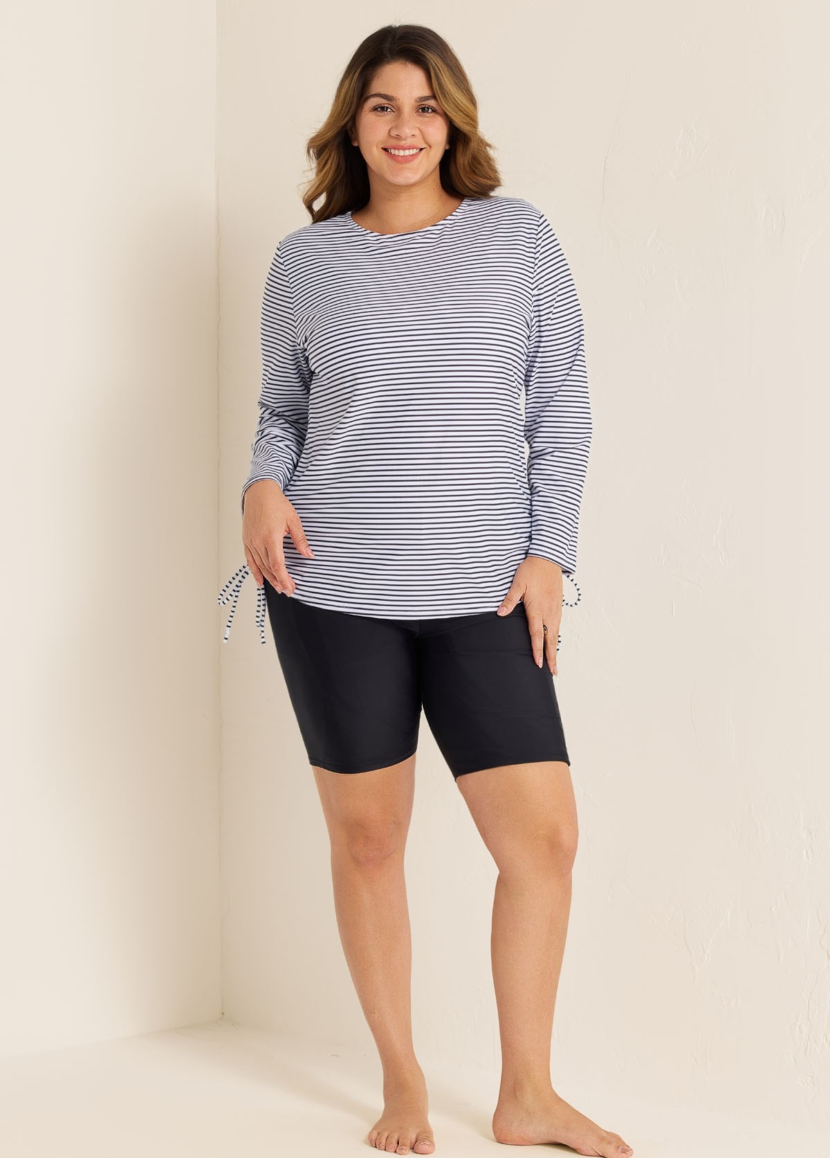 Plus Size Black Stripe Long Sleeve Drawstring Women's Swimsuit Tankini Top