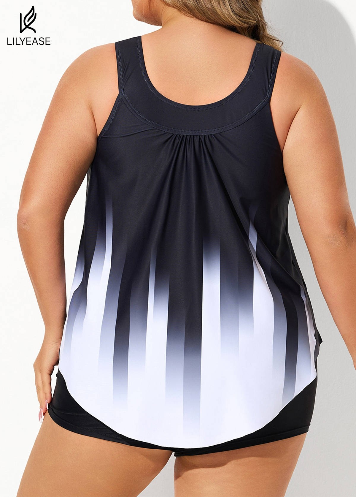 Black And White Ombre Print Longer Length Casual Tankini Top
