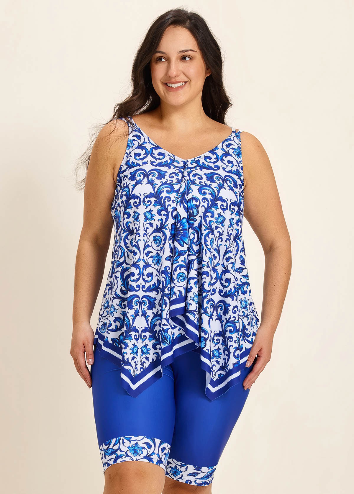 Plus Size Blue Floral Print Flowy Asymmetrical Hem Swimsuit Two Piece Long Tankini Set