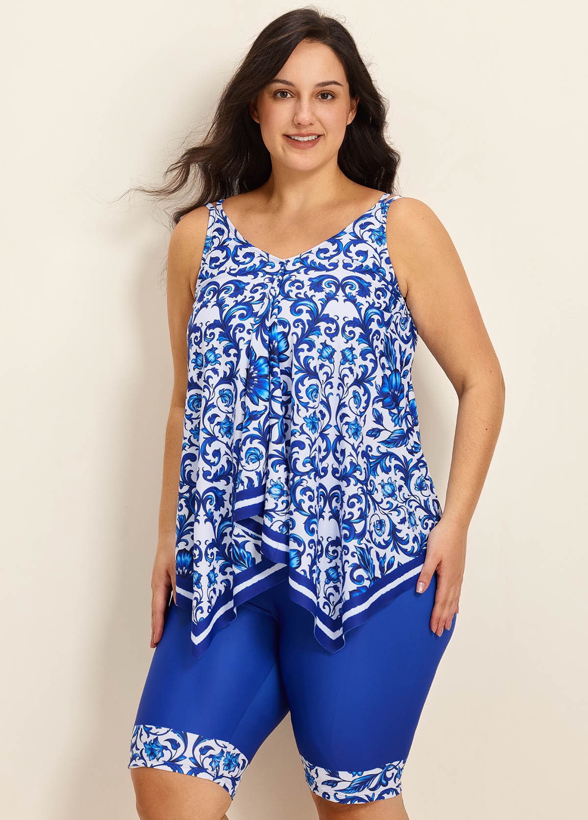Plus Size Blue Floral Print Flowy Asymmetrical Hem Swimsuit Two Piece Long Tankini Set