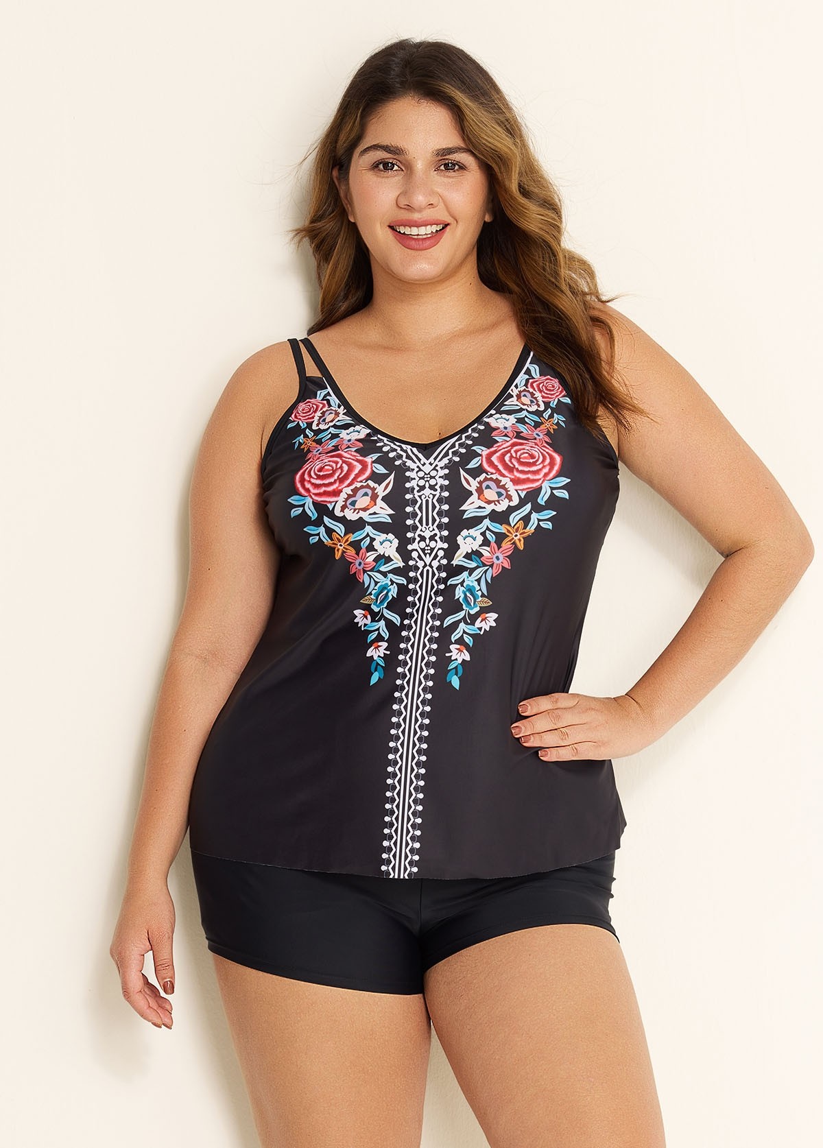 Plus Size Tribal Printed Adjustable Straps Tankini Top