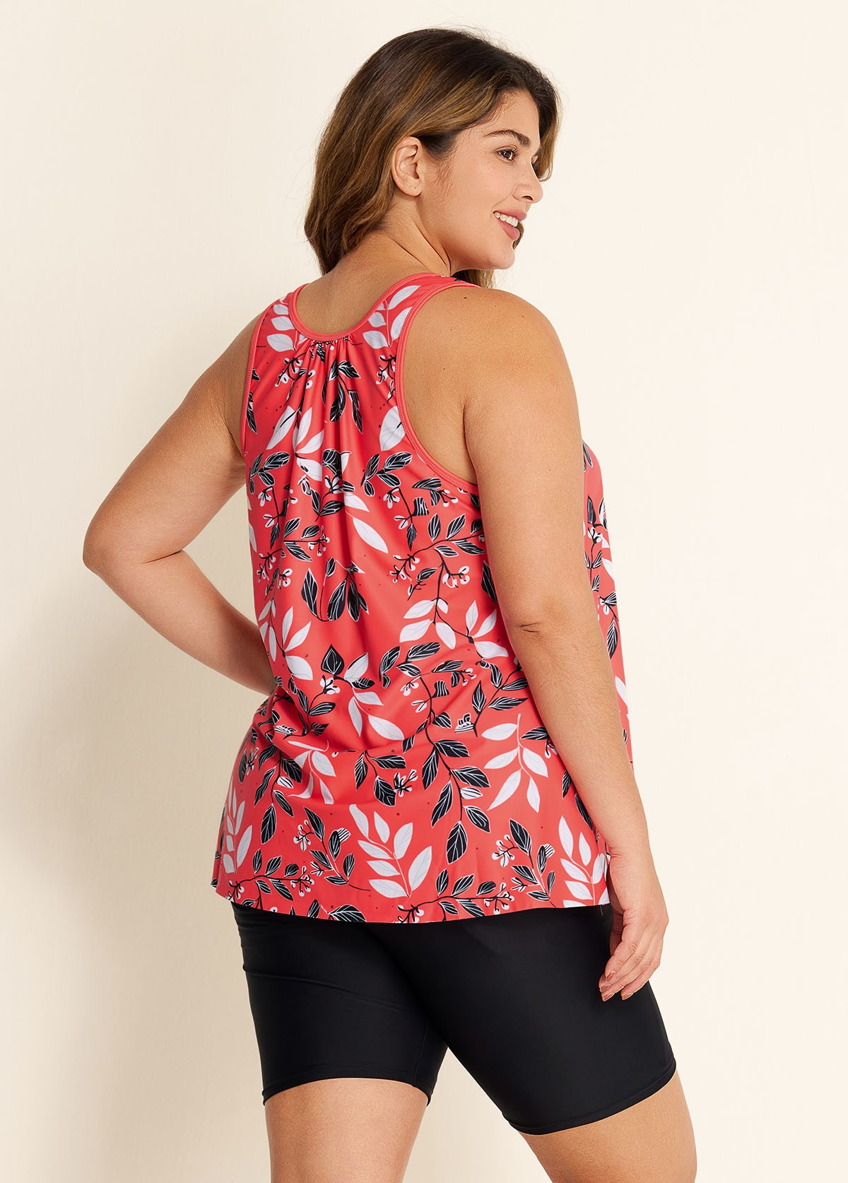 Red Tropical Leaf Print Loose Fit Plus Size Women Tankini Top