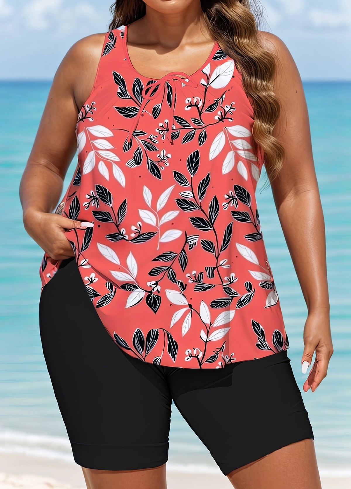 Red Tropical Leaf Print Loose Fit Plus Size Women Tankini Top