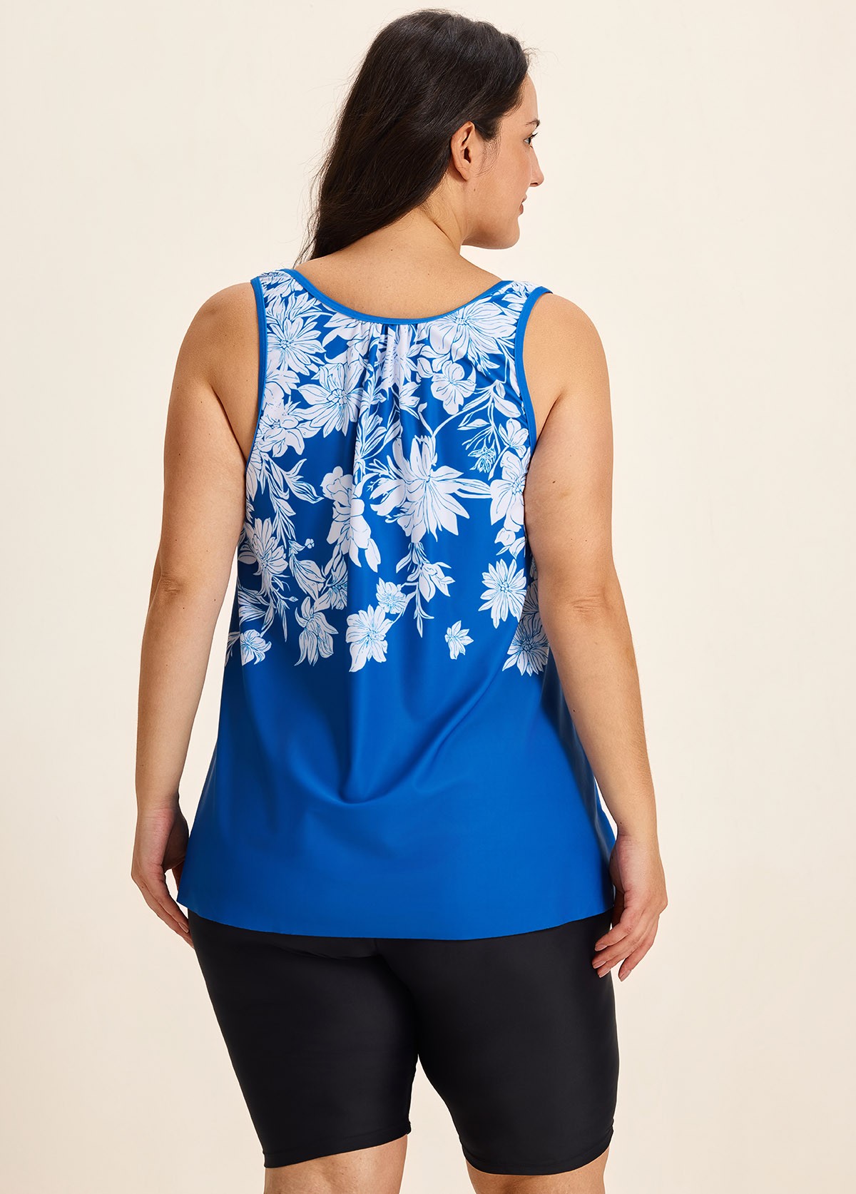 Blue Floral Modest Padded Wide Strap Loose Fit Curvy Women's Swimsuit Long Tankini Top