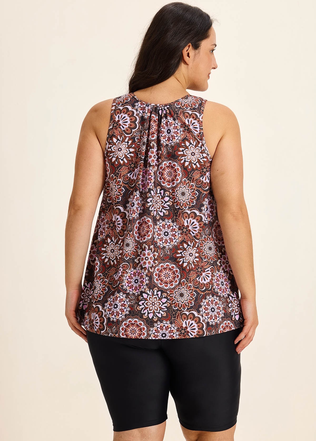 Brown Ethnic Print Vintage Wide Strap Loose Fit Plus Size Women's Swimsuit Long Tankini Top