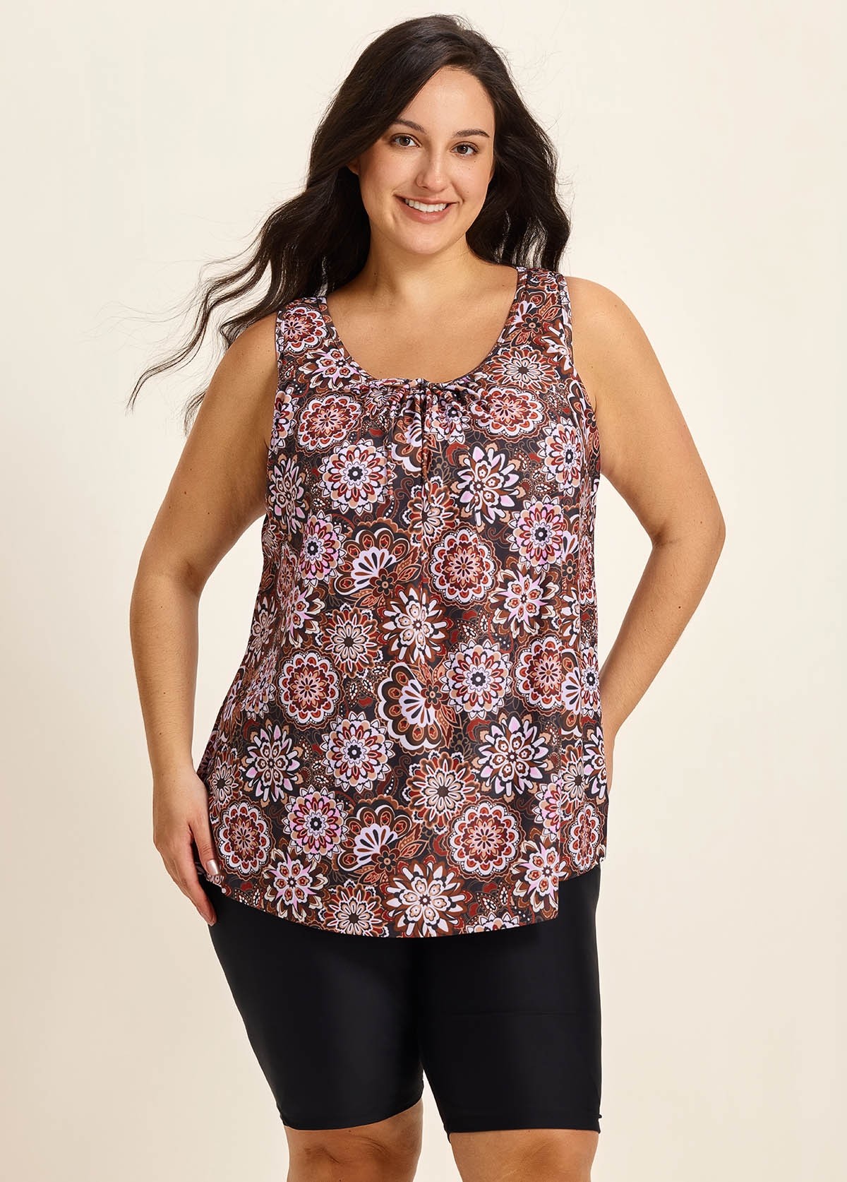 Brown Ethnic Print Vintage Wide Strap Loose Fit Plus Size Women's Swimsuit Long Tankini Top