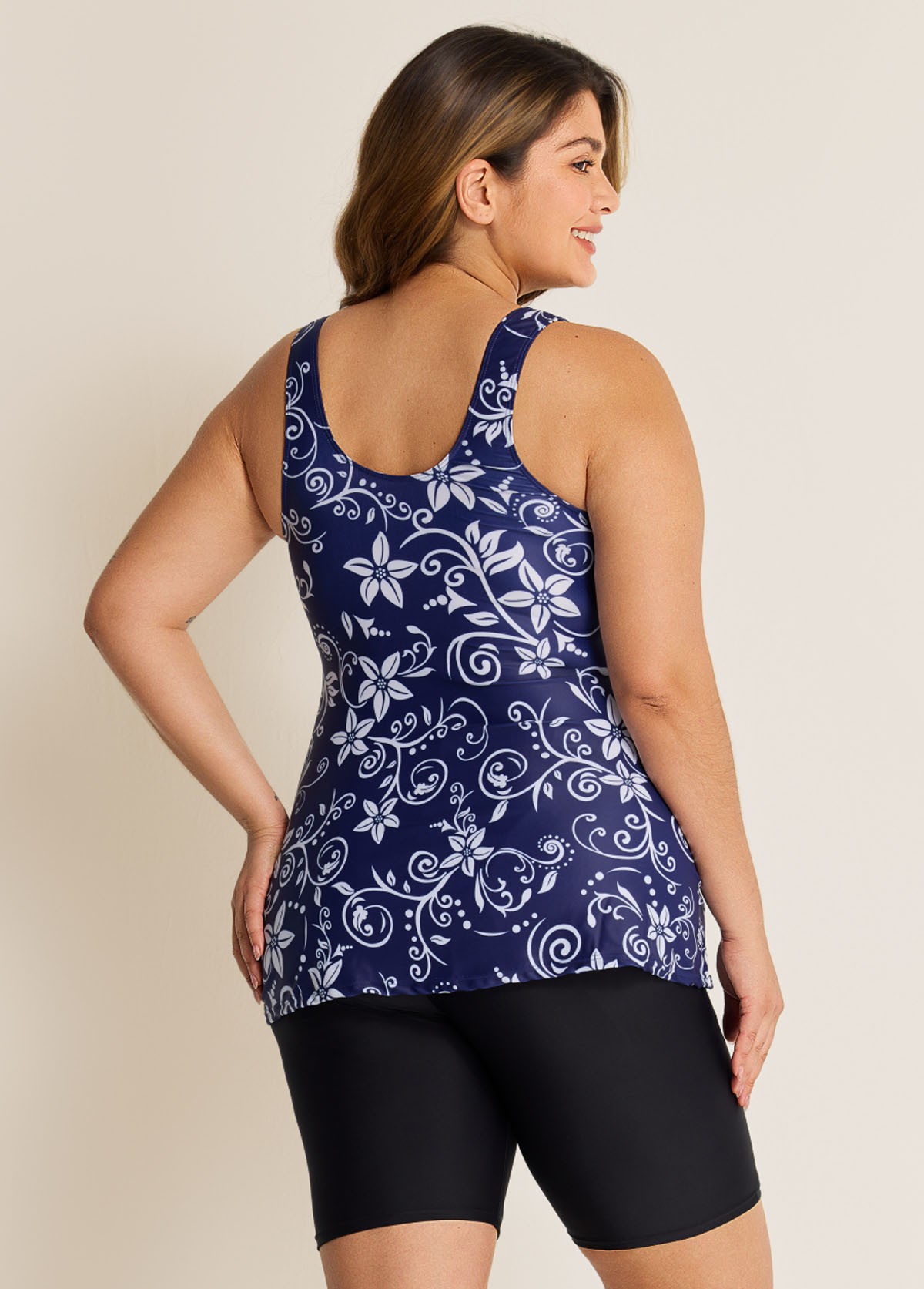 Plus Size Navy Floral Drawstring Swimsuit And Swimwear Tankini Top