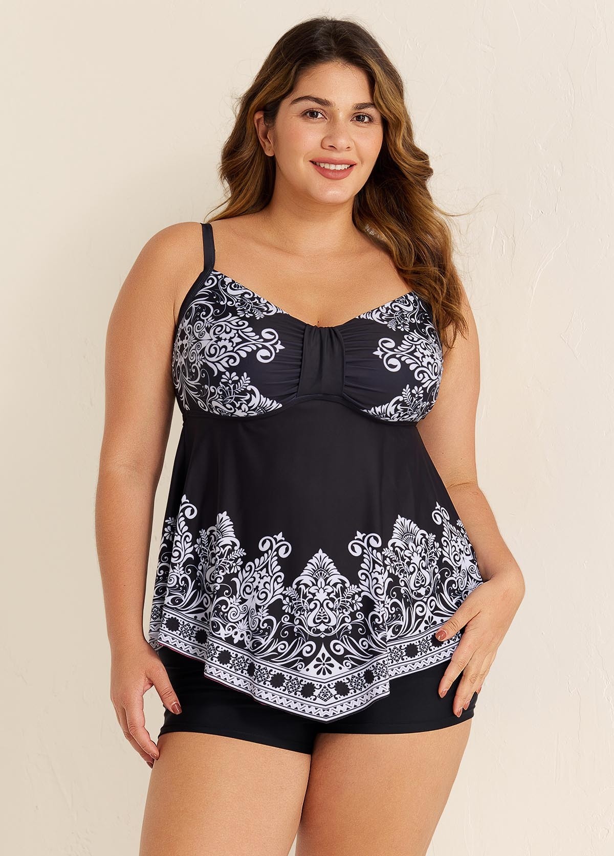 Black Paisley Print Color Block V Neck Women Plus Size Swimsuit Tankini Top