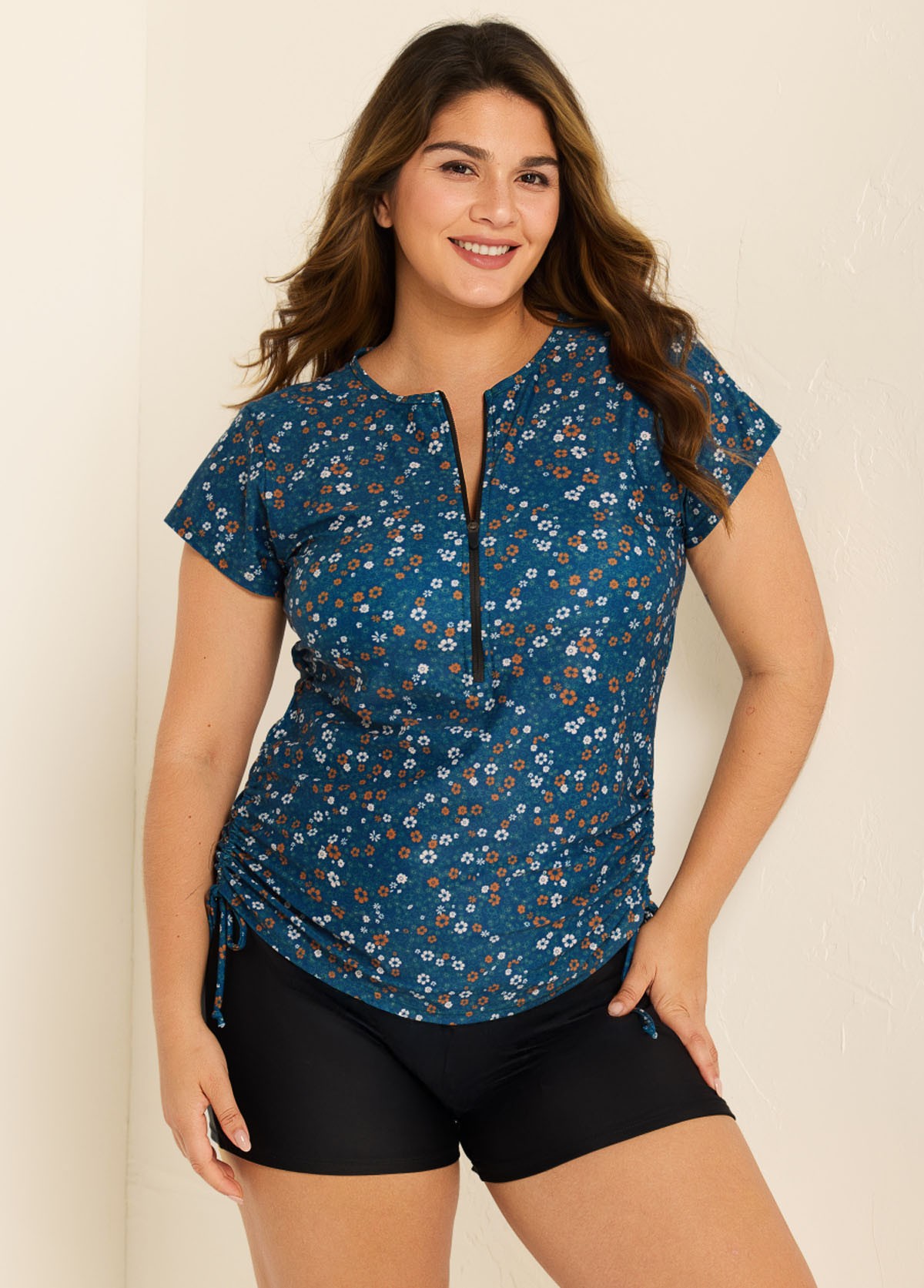 Plus Size Green Floral Short Sleeve Swimwear Bathing Suits Tankini Top