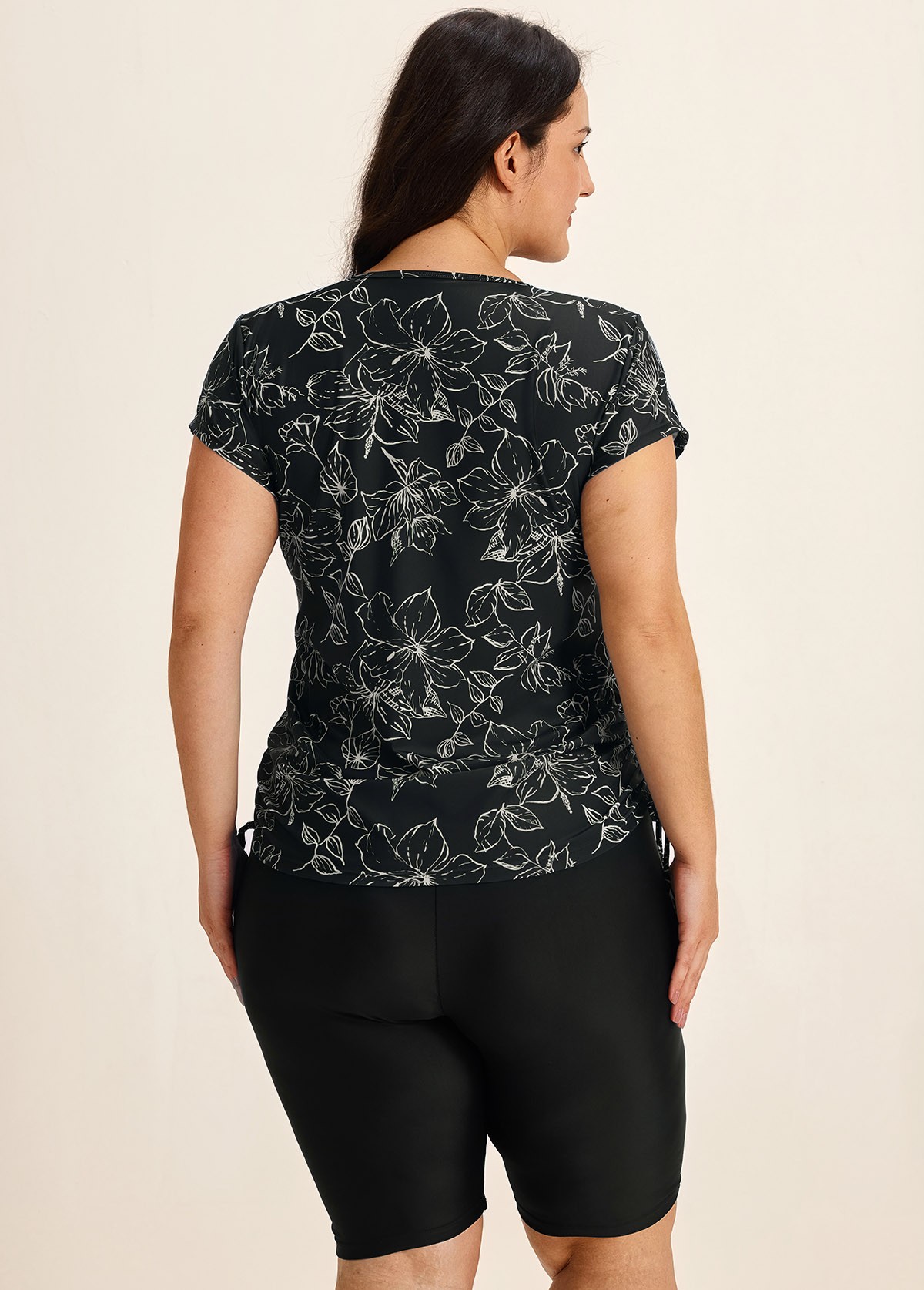 Black Floral Upf50+ Short Sleeves Zipper Drawstring Curvy Swimsuit Rash Guards Tankini Top