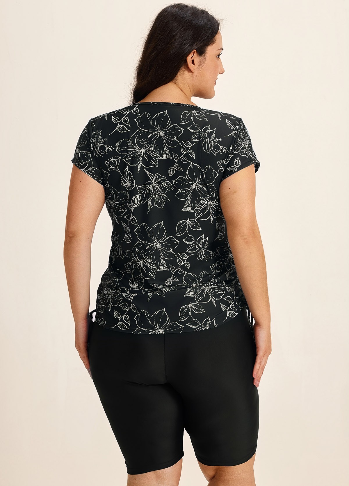 Black Floral Upf50+ Short Sleeves Zipper Drawstring Curvy Swimsuit Rash Guards Tankini Top