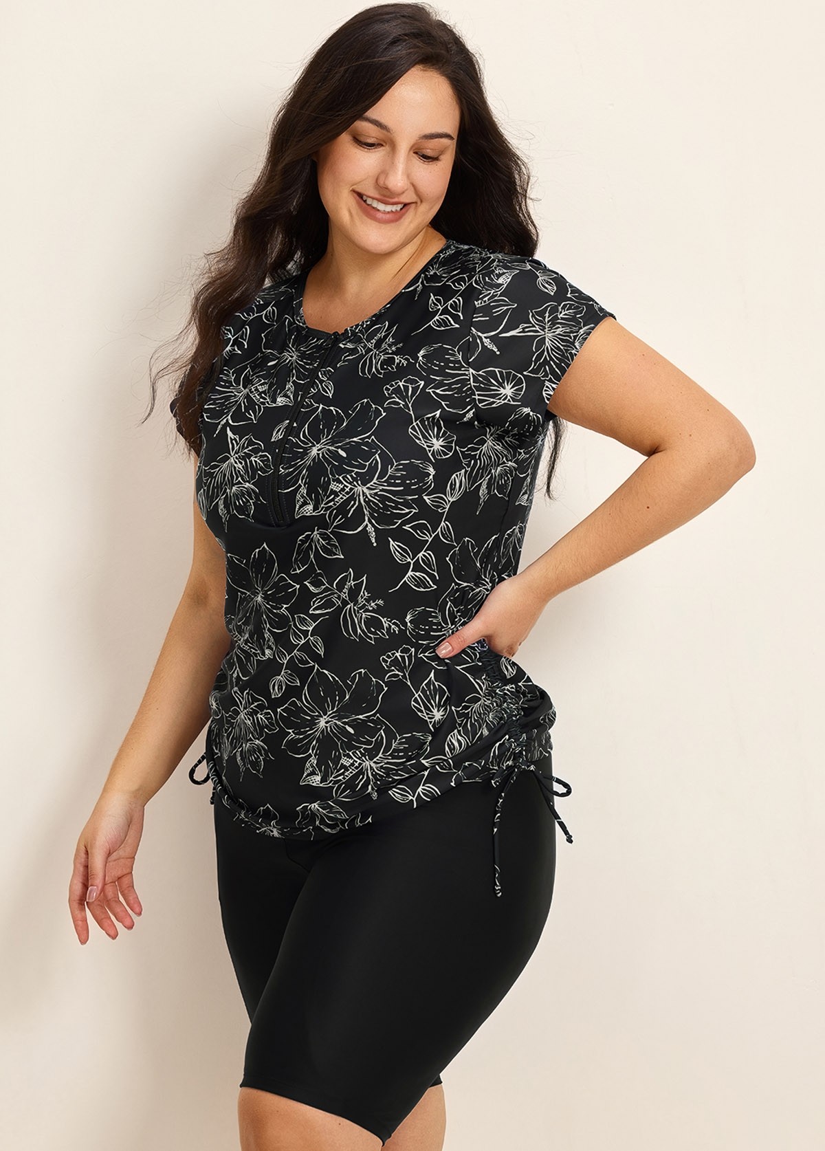 Black Floral Upf50+ Short Sleeves Zipper Drawstring Curvy Swimsuit Rash Guards Tankini Top