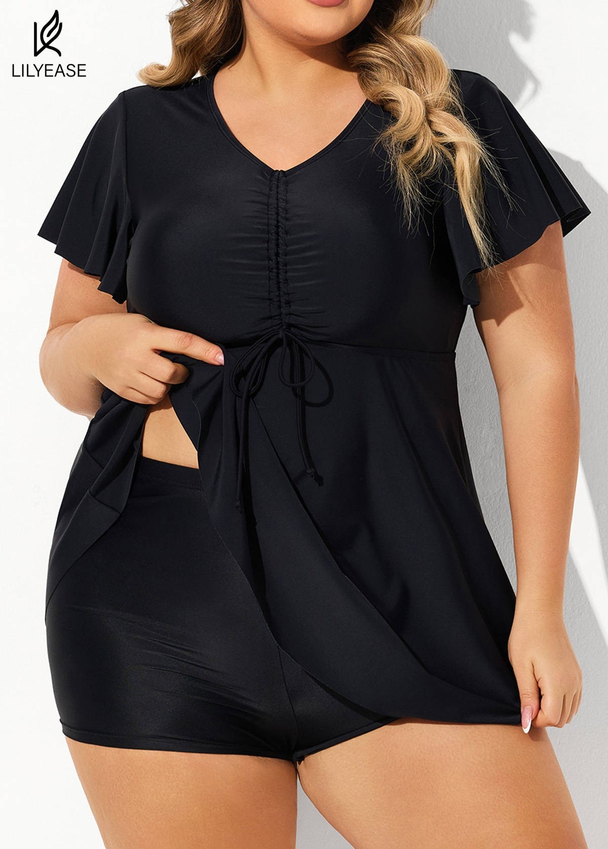 Black Tie Front Ruffled Flowy Short Sleeves Tankini Top