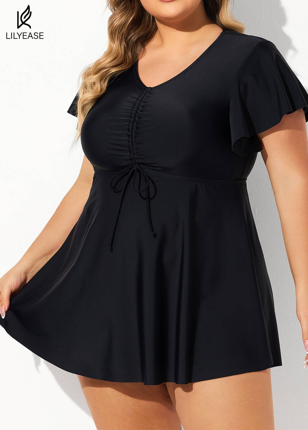Black Tie Front Ruffled Flowy Short Sleeves Tankini Top