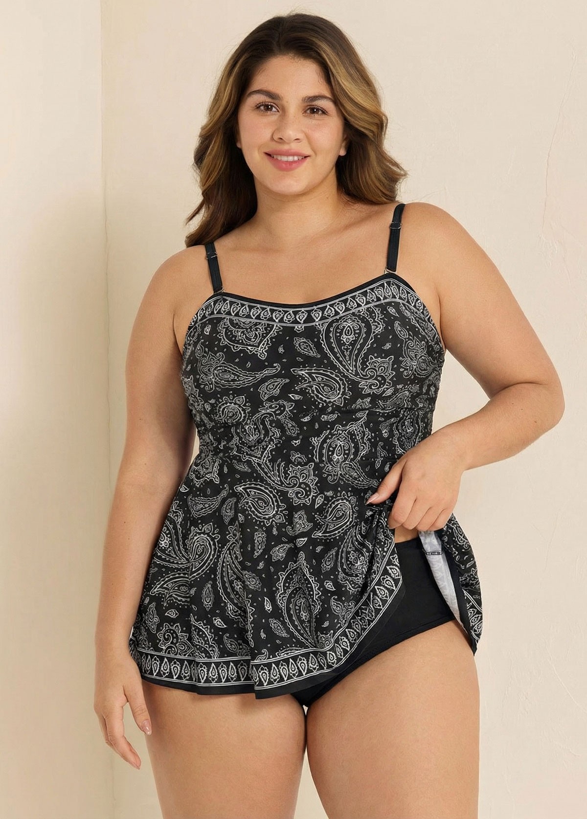 Plus Size Stylish Black Print Women Tankini Set