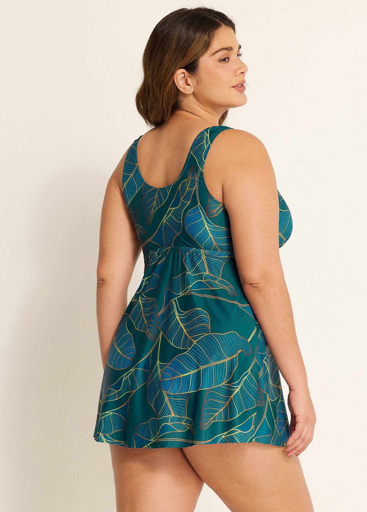 Plus Size Mystic Green Plants Print Wide Straps Stylish Tankini Set