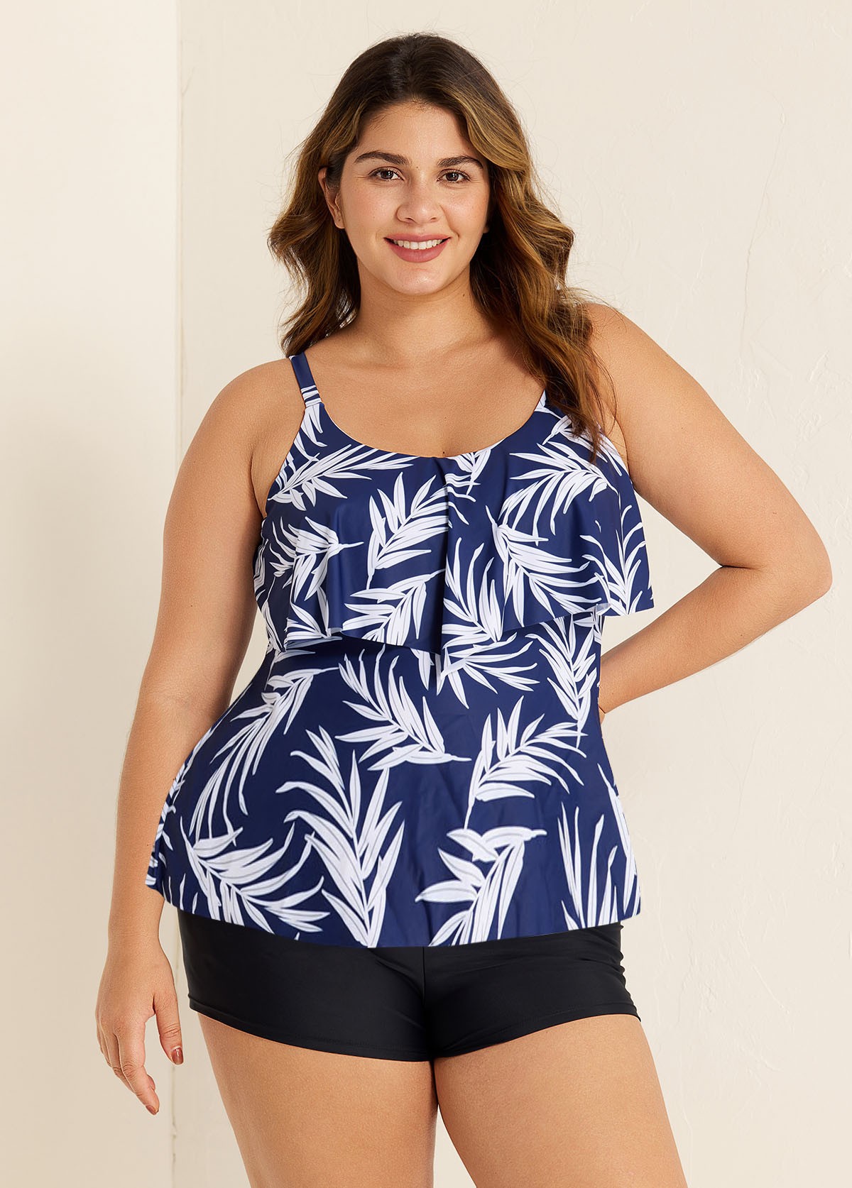 Navy Blue Leaf Print Layered Style Tankini Top