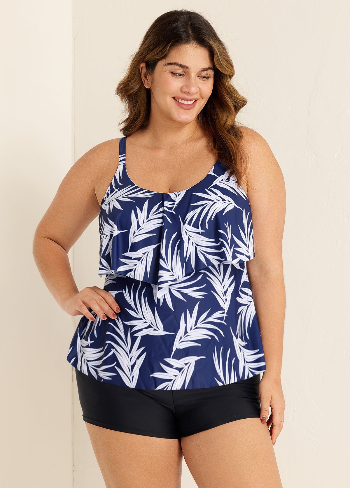 Navy Blue Leaf Print Layered Style Tankini Top