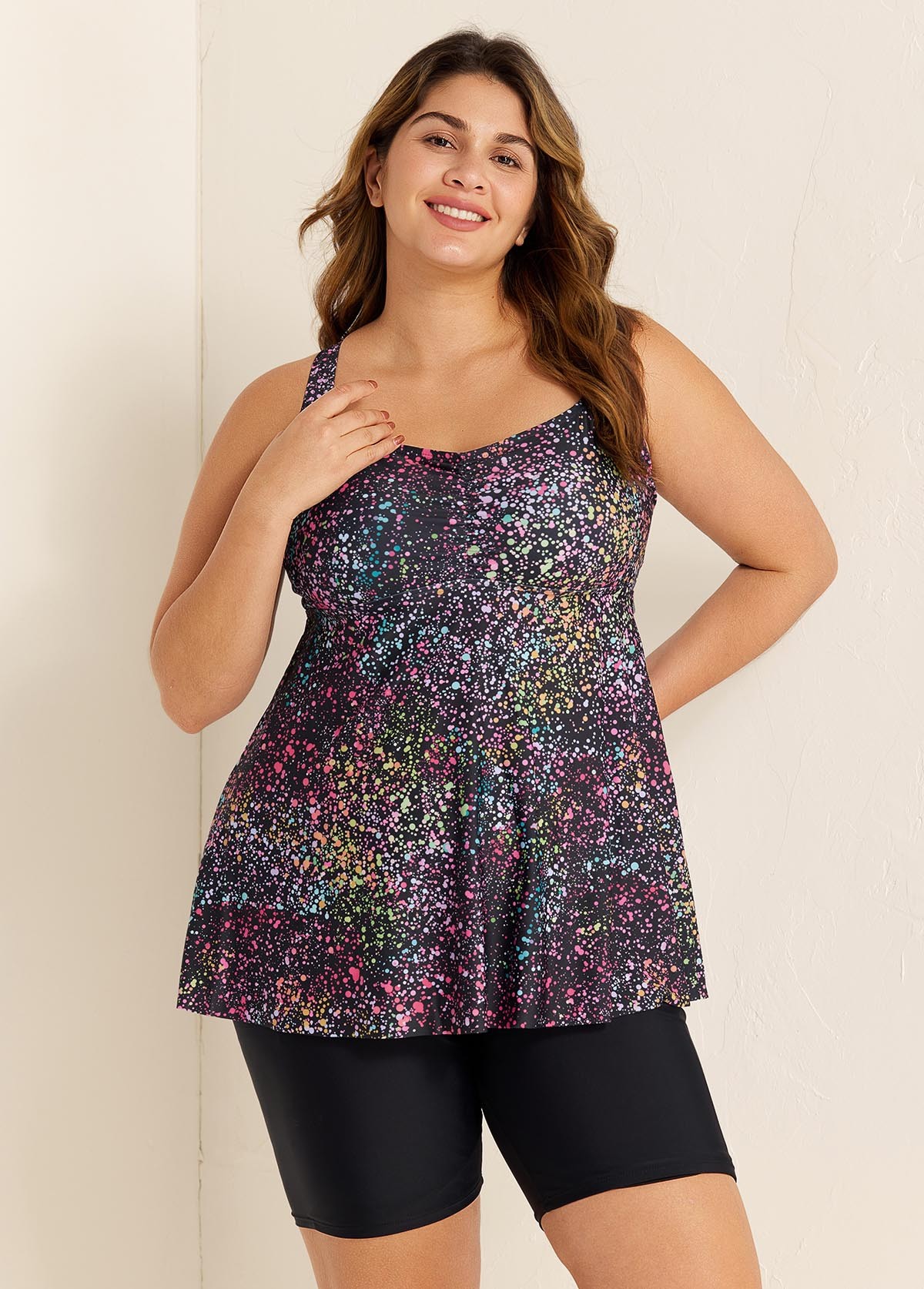 Fashionable Colorful Dot Square Neck Flowy Women Tankini Top