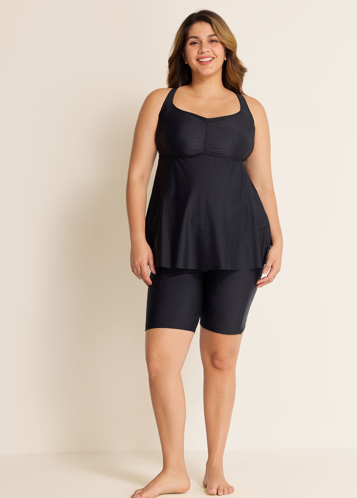 Fashionable Black Square Neck Flowy Plus Size Modest Women's Tankini Swimsuit Top