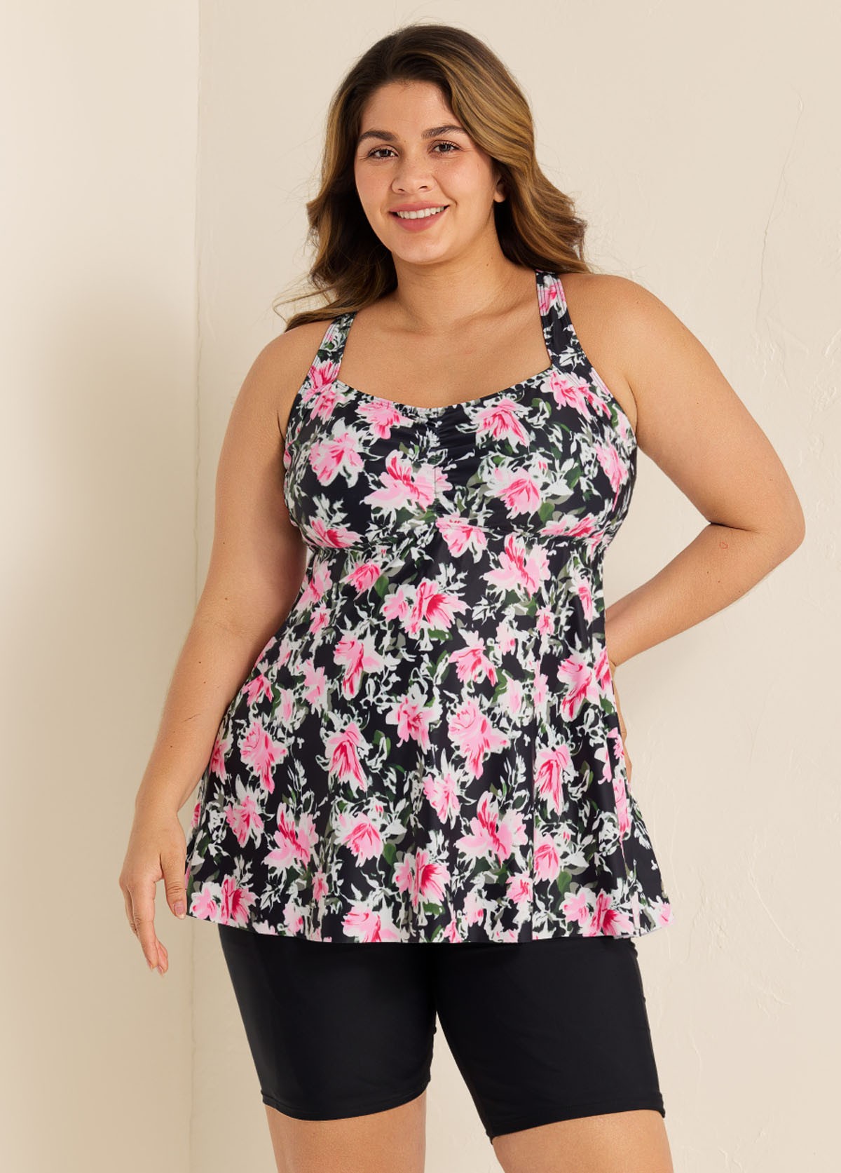 Black Floral Print Square Neck Flowy Modest Plus Size Tankini Swimsuit Top