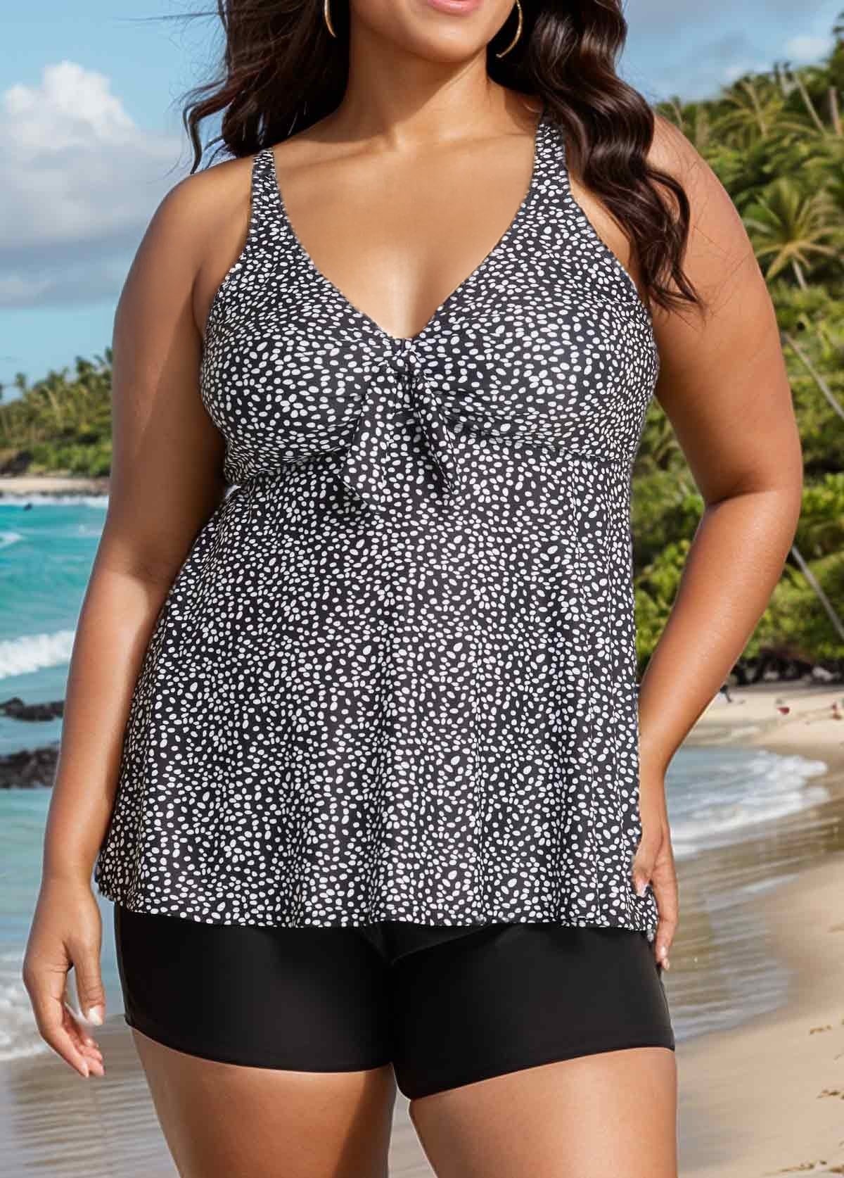 Plus Size Black Polka Dot Print Modest Swimsuits Tankini Top