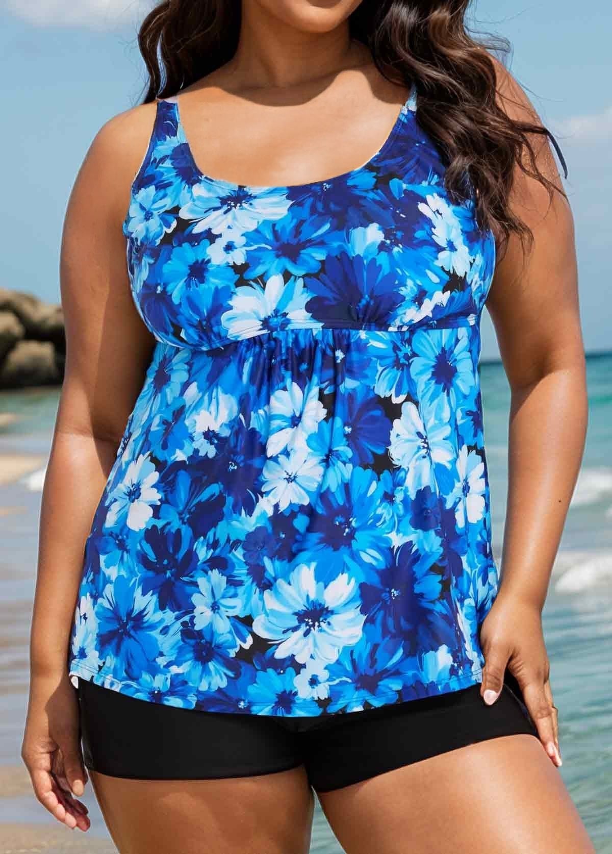 Curvy Blue Floral Modest Retro Swimsuit And Swimwear Tankini Top