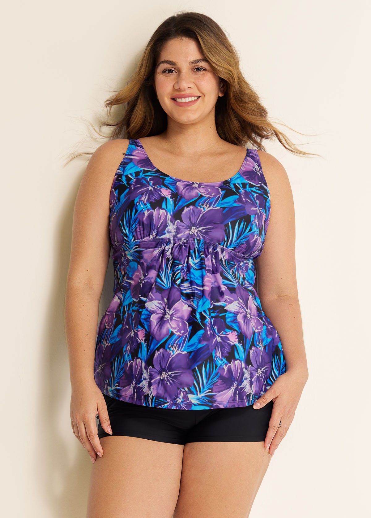 Plus Size Purple Floral Modest Swim Suits For Ladies Tankini Top