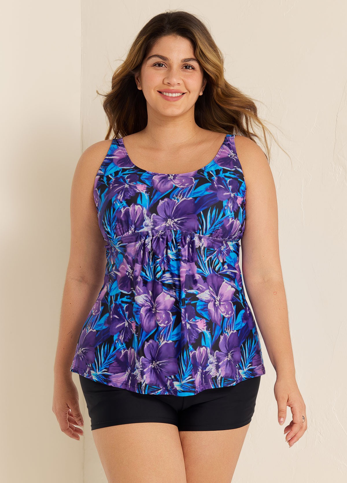 Plus Size Purple Floral Modest Swim Suits For Ladies Tankini Top