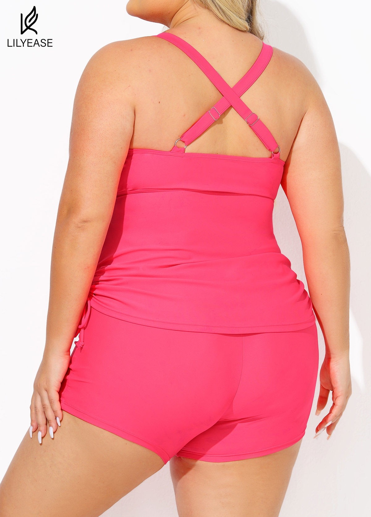 Drawstring Stylish Pink Twisted Front Women Tankini Set