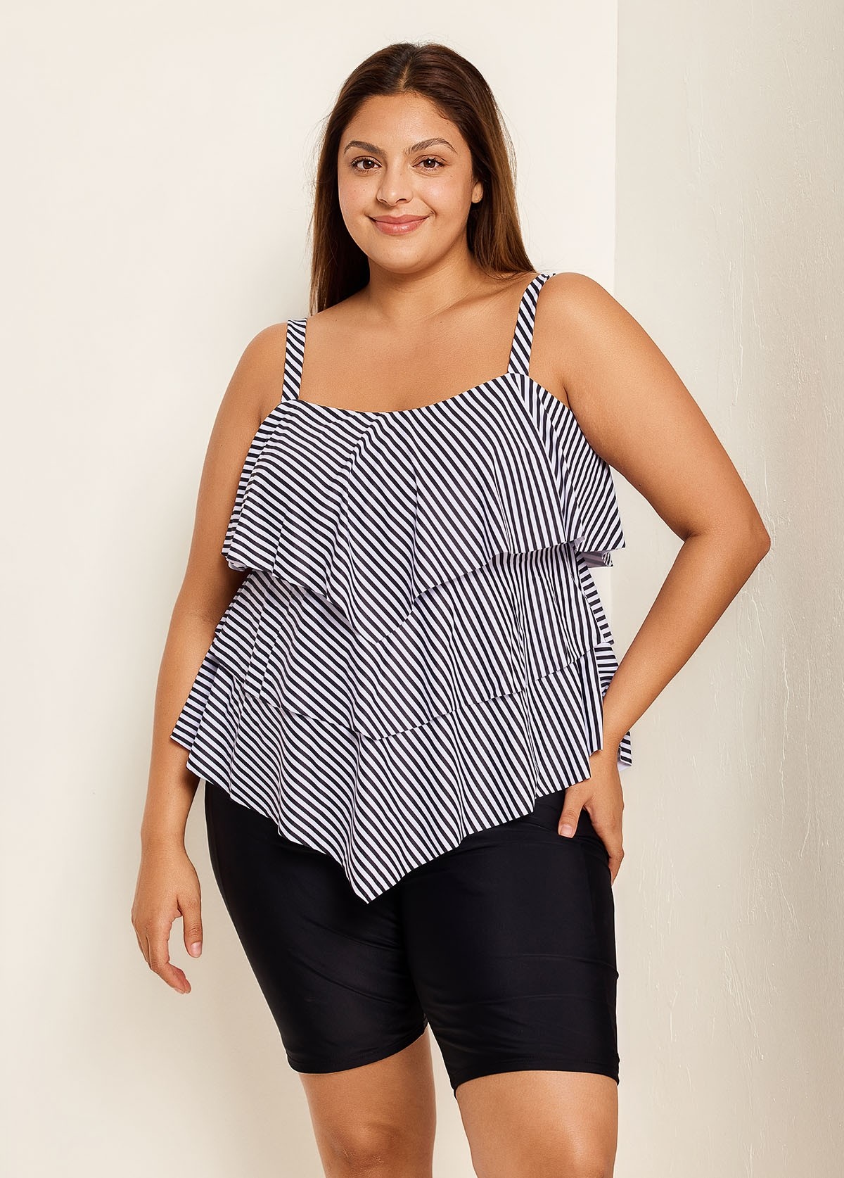 Striped Layered Pullover Style Casual Tankini Top