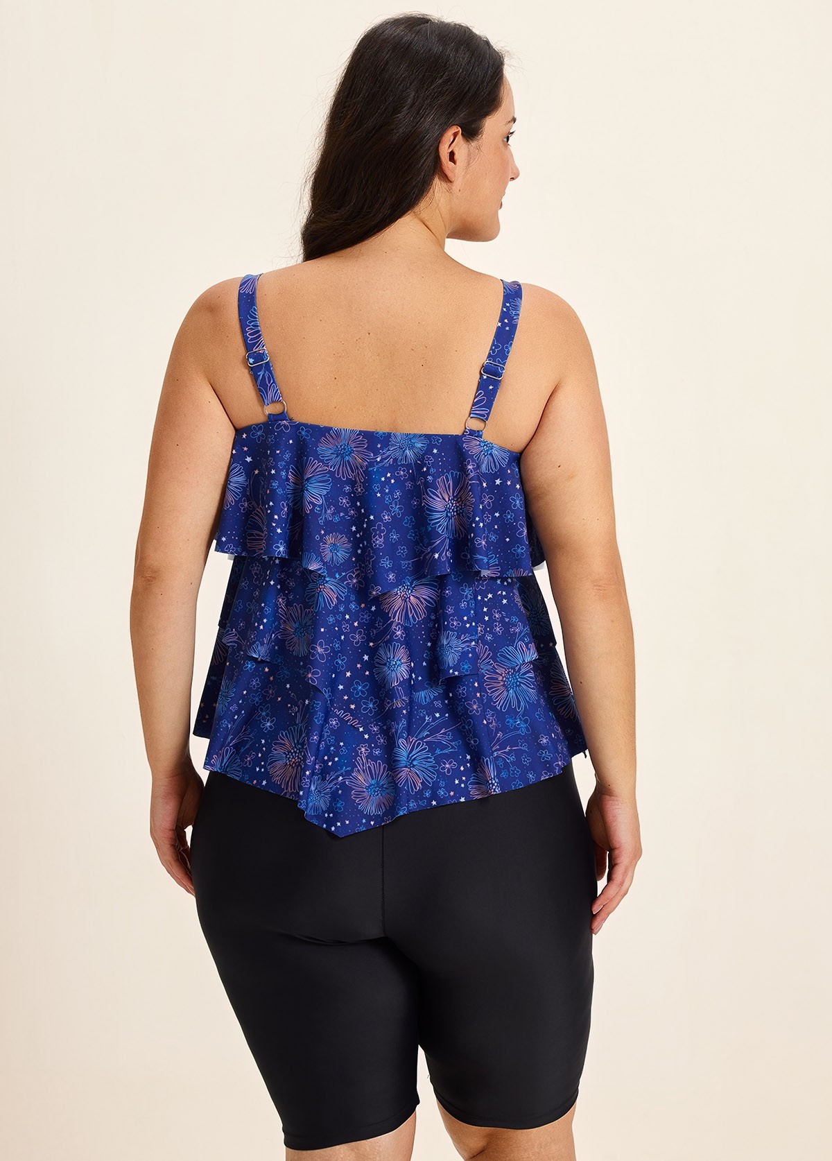 Navy Blue Floral Print Flattering Layered Ruffles Plus Size Women's Swimsuit Tankini Top