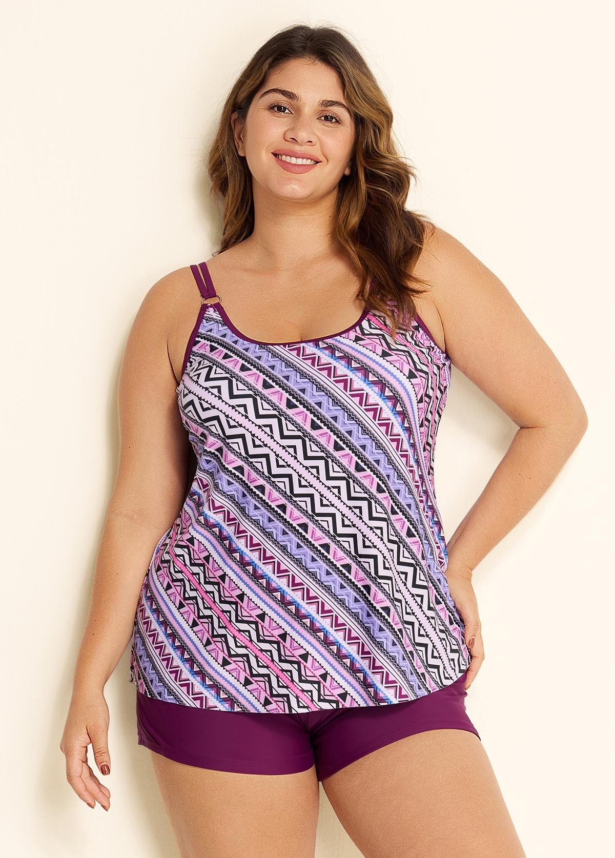 Plus Size Romantic Purple Geometric Casual Tankini Set