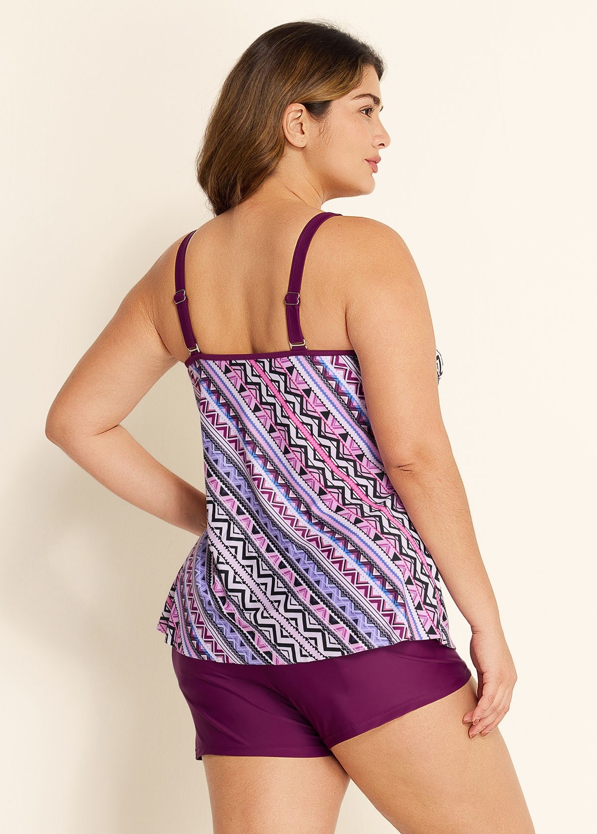Plus Size Romantic Purple Geometric Casual Tankini Set