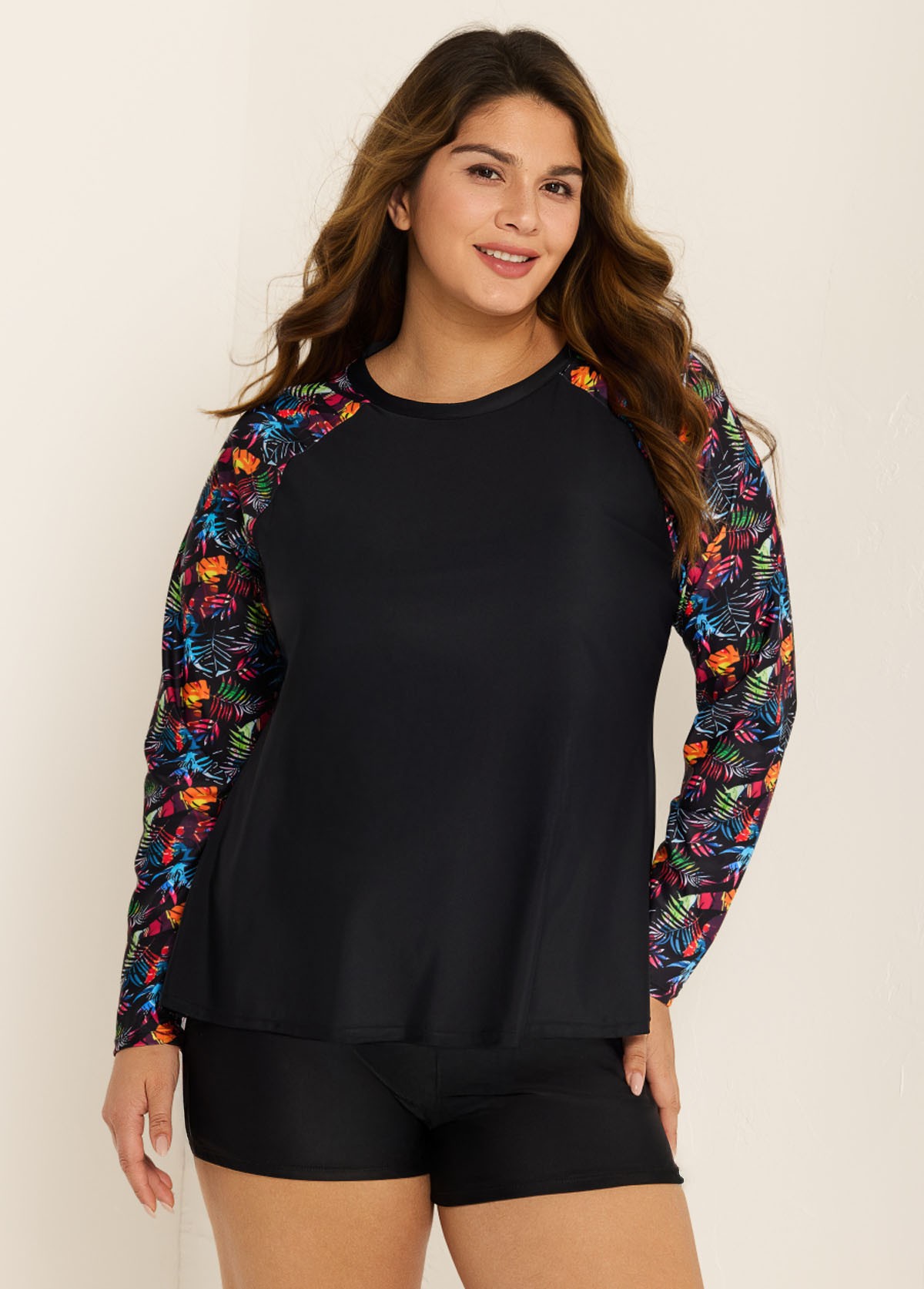 Black Leaf Print Long Sleeve Plus Size Swimsuit Swimwear Tankini Top