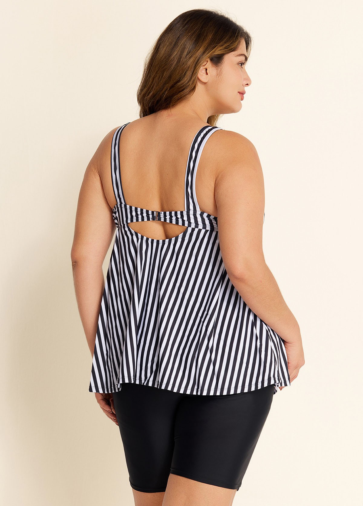 Black And White Striped Print Bow Tie Front Tankini Top