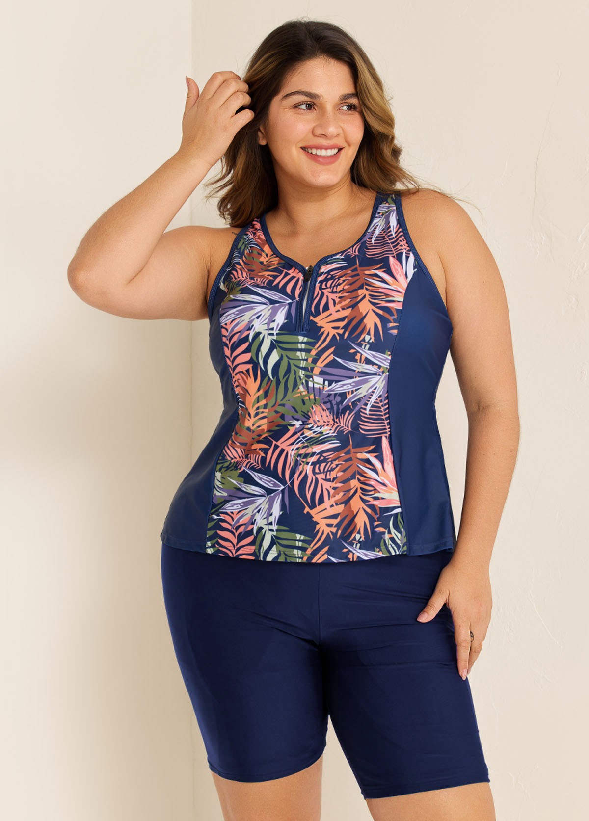 Curvy Navy Leaf Print Zipper Swimsuit And Swimwear Tankini Top