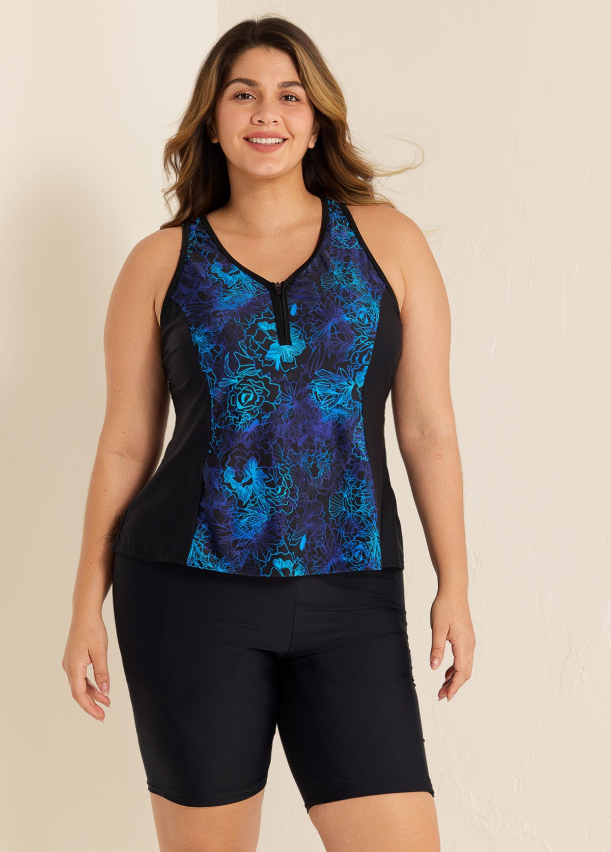 Plus Size Blue Floral Zipper And Color Block Swimsuits Tankini Top